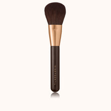 Load image into Gallery viewer, Large dome shaped makeup brush with a dark brown lacquered handle and a rose gold ferrule, made by mixing handmade synthetic dark brown bristles with a few strands of white bristles.
