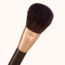 Load image into Gallery viewer, Large dome shaped makeup brush with a dark brown lacquered handle and a rose gold ferrule, made by mixing handmade synthetic dark brown bristles with a few strands of white bristles.
