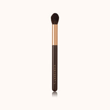 Load image into Gallery viewer, A precise tapered face and eye makeup brush with a dark brown lacquered handle and a rose gold ferrule, made by mixing handmade synthetic dark brown bristles with a few strands of white bristles.
