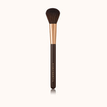 Load image into Gallery viewer, A light airy soft dome-shaped face makeup brush with a dark brown lacquered handle and a rose gold ferrule, made by mixing handmade synthetic dark brown bristles with a few strands of white bristles.
