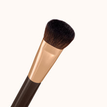 Load image into Gallery viewer, A medium sized domed shaped makeup brush with a dark brown lacquered handle and a rose gold ferrule, made by mixing handmade synthetic dark brown bristles with a few strands of white bristles.
